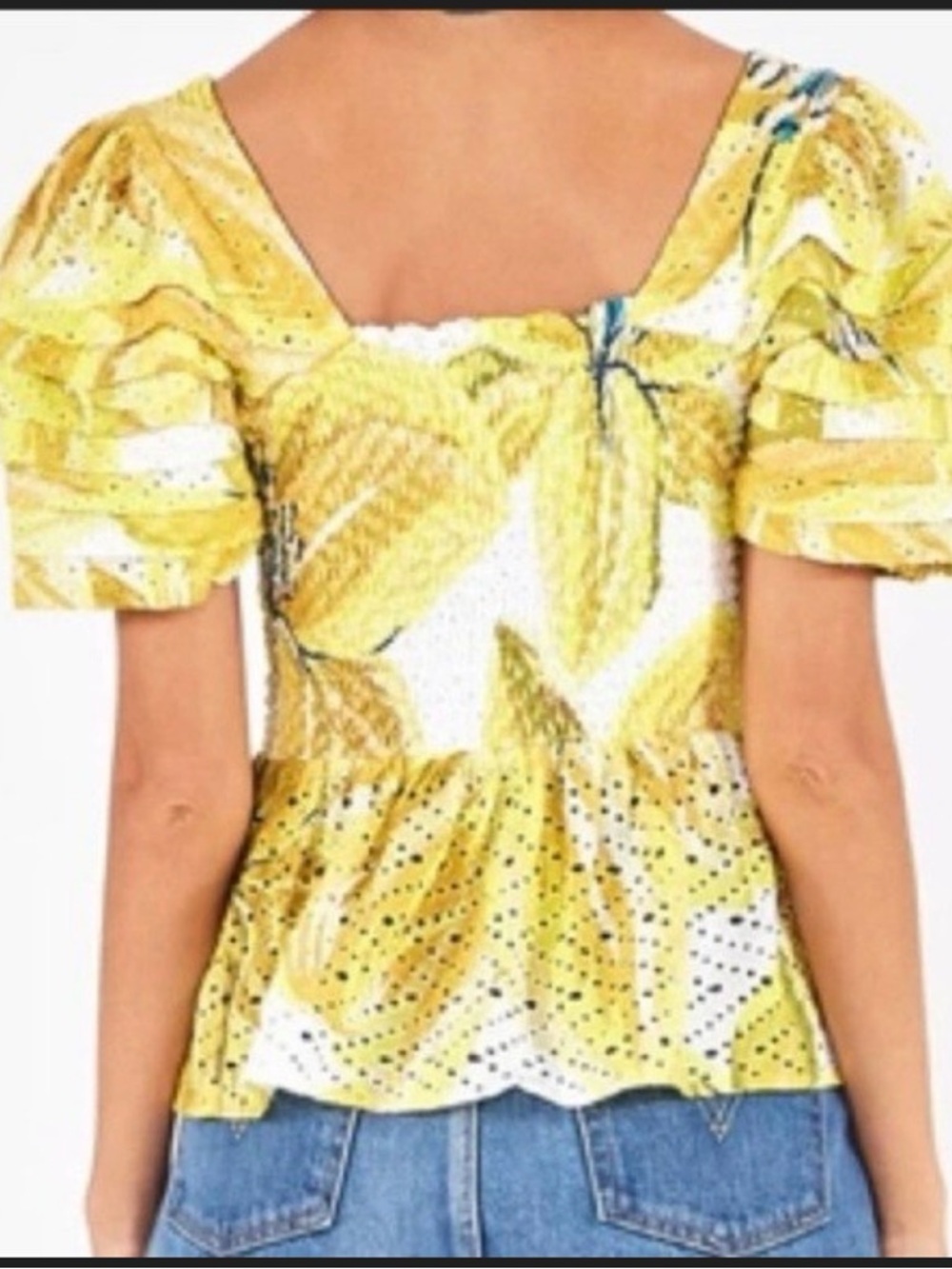 FARM RIO Azalea Yellow Floral Top XS Eyelet Smocked Puff Sleeve Tiered - Picture 2 of 9